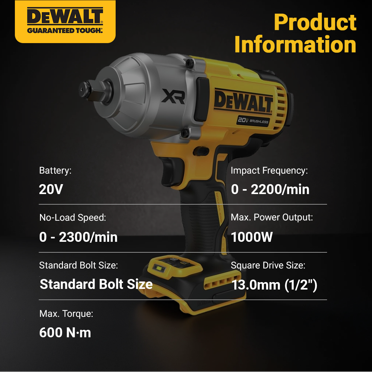 DEWALT 20V MAX Cordless Impact Wrench, 12 Impact Gun, High Torque with Hog Ring Anvil, Tool Only (DCF900)