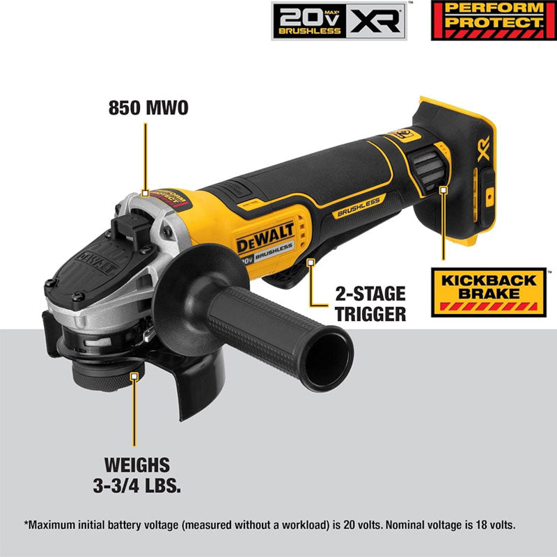DEWALT 20V MAX Angle Grinder Tool Cordless Brushless, 4 12 Inch, with Paddle Switch and Kickback Brake, Tool Only (DCG413B)