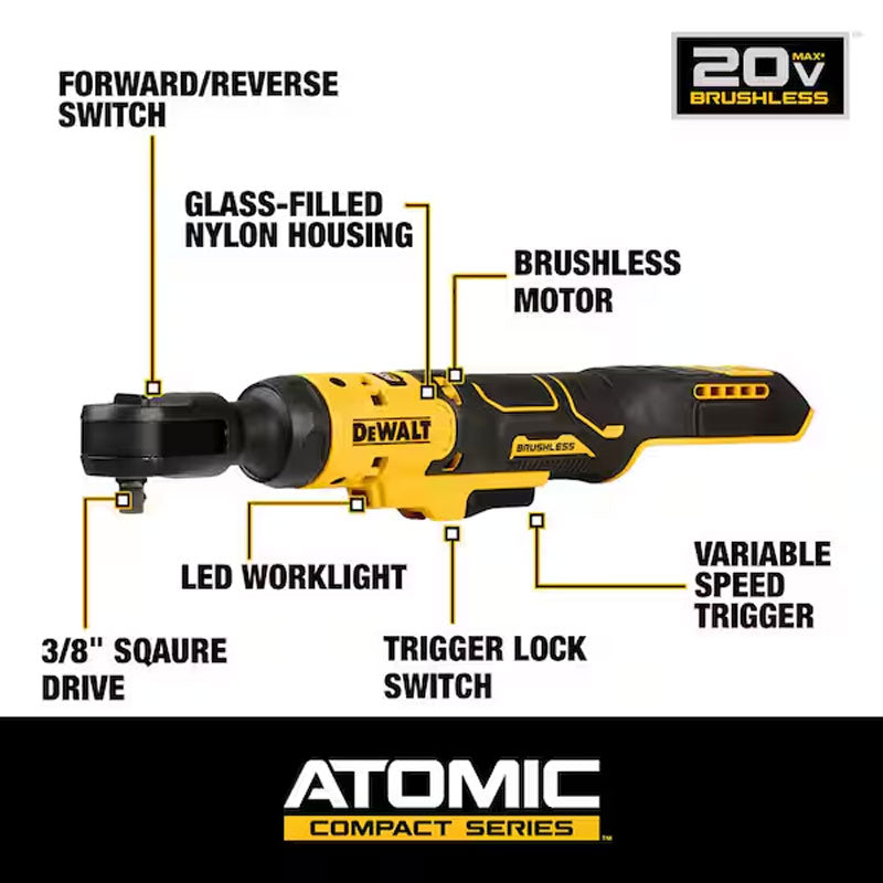 DEWALT ATOMIC 20V MAX Cordless Ratchet, Brushless, 38 in., Tool Only (DCF513B)