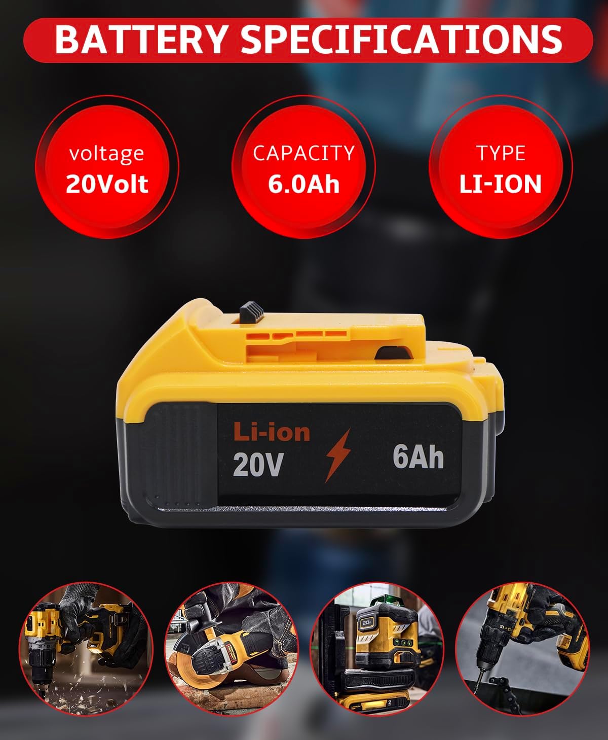 【2-Pack for DeWalt 20V 6Ah Lithium Battery】 Dual High-Capacity Rechargeable Batteries with LED Indicator, Compatible with DeWalt 20V MAX Tools & Chargers (DCB200/DCB204/DCB206 etc)