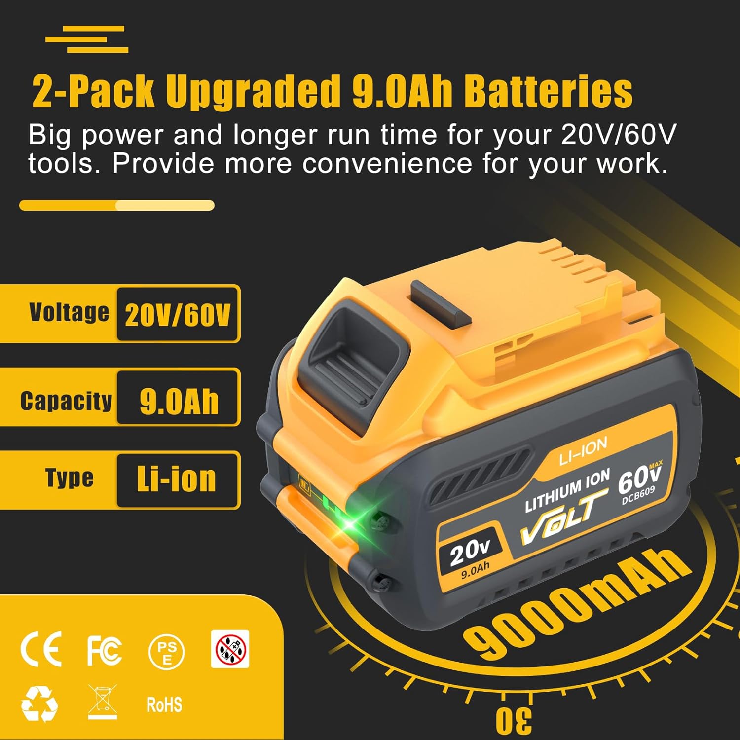 2Pack 9.0Ah Replacement for DeWalt FlexVolt 20V/60V Max Battery DCB606 DCB609 DCB612 Compatible with Dewalt Flexvolt 20V/60V Power Tools
