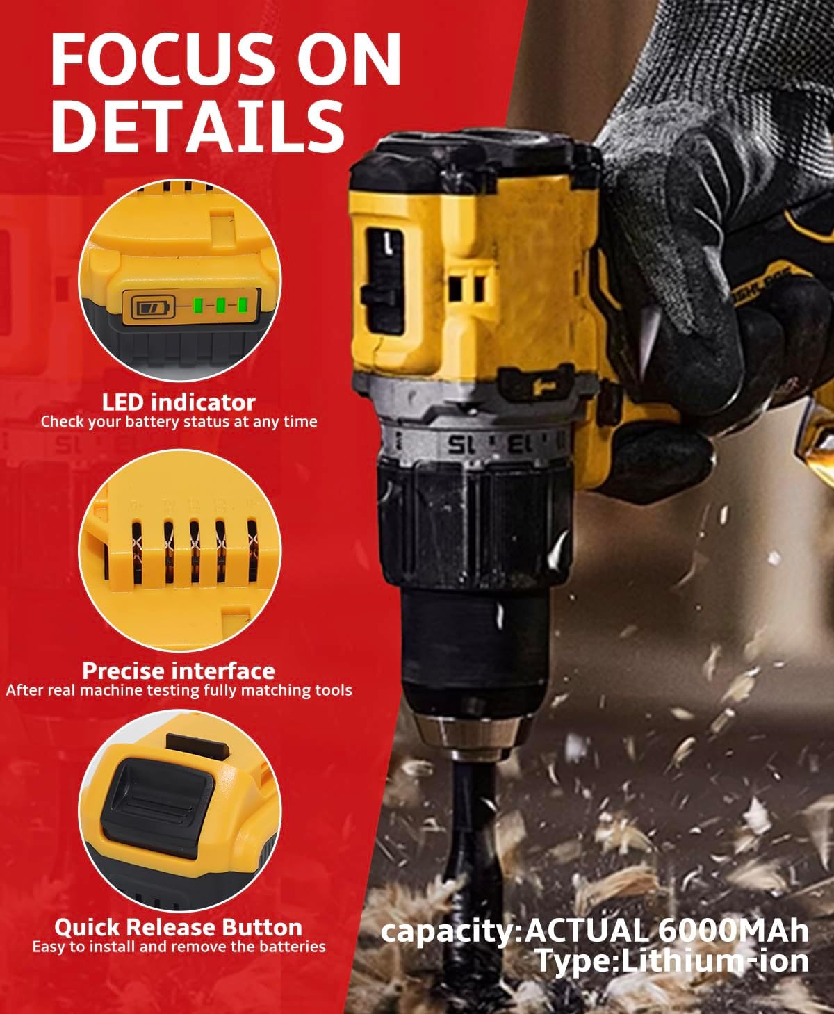 【2-Pack for DeWalt 20V 6Ah Lithium Battery】 Dual High-Capacity Rechargeable Batteries with LED Indicator, Compatible with DeWalt 20V MAX Tools & Chargers (DCB200/DCB204/DCB206 etc)
