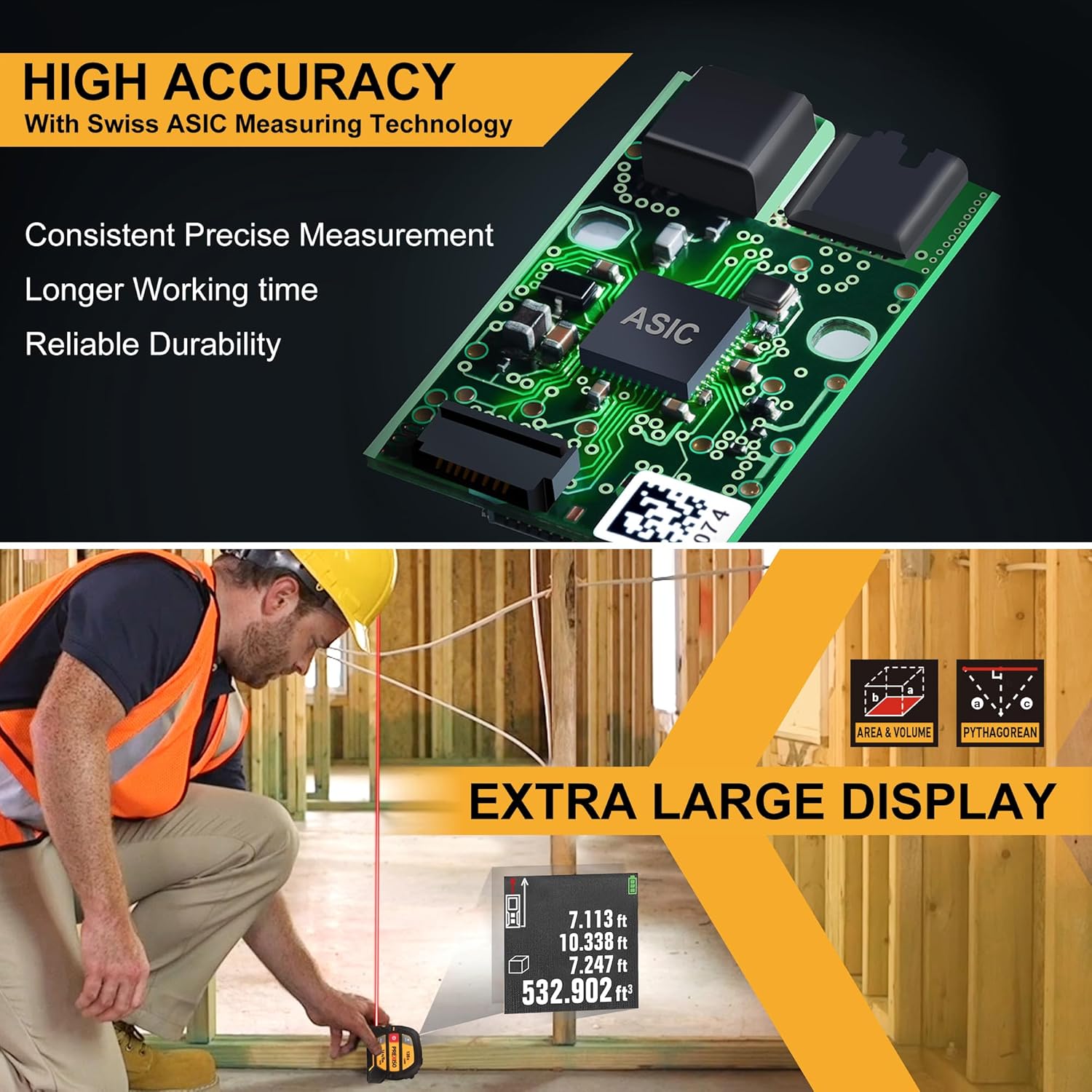 PREXISO 2-in-1 Laser Tape Measure, 135Ft Rechargeable Measurement Tool & 16Ft Measuring Movable Magnetic Hook - Pythagorean, Area, Volume, Ft/Ft+in/in/M Unit NOT Digital