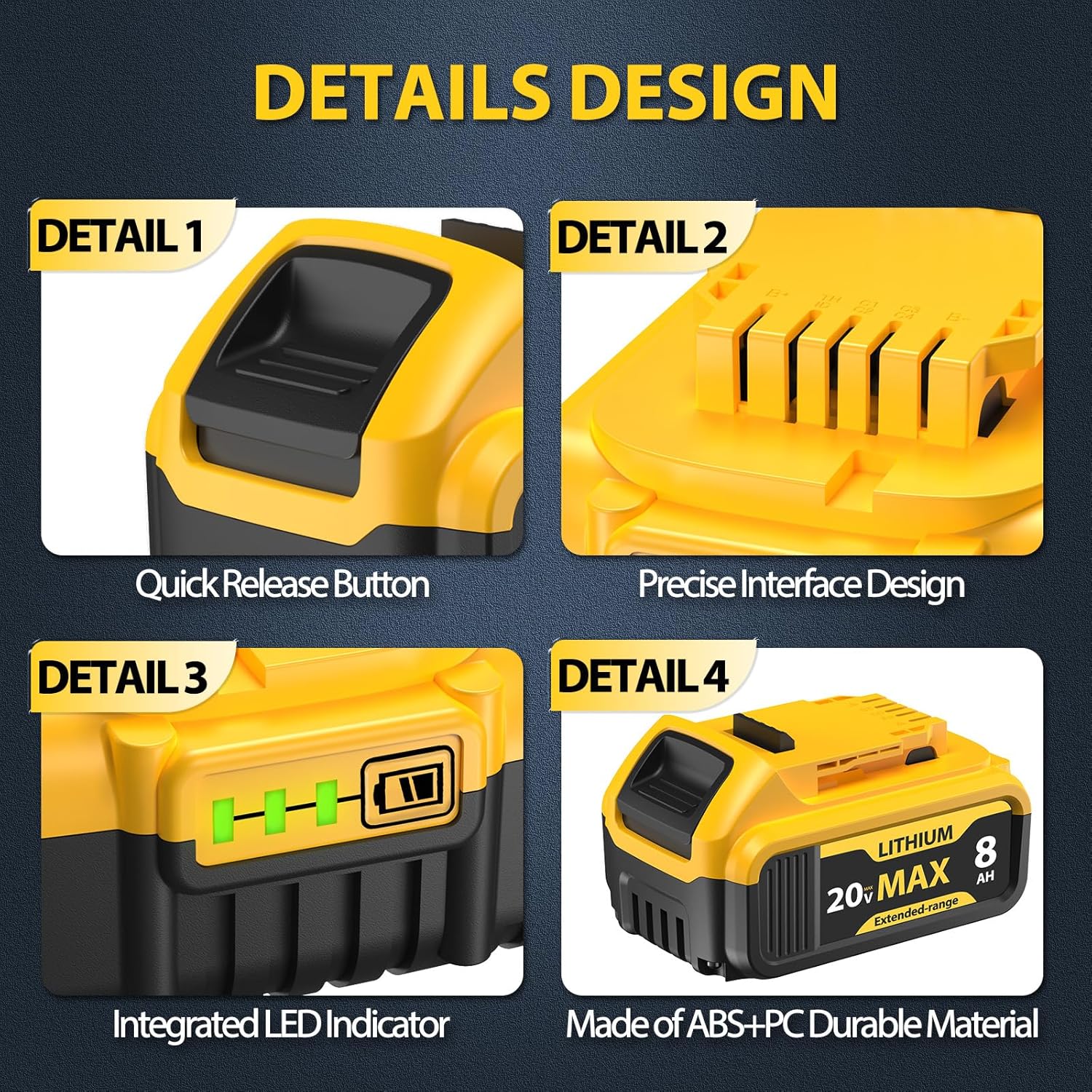 4-Pack 8000mAh Replacement for DeWalt 20V Max Battery- Compatible with DCB206 DCB200 DCB201 DCB207 DCB203 DCB205, Fits 20V Battery Lithium ion Tools & Original Chargers