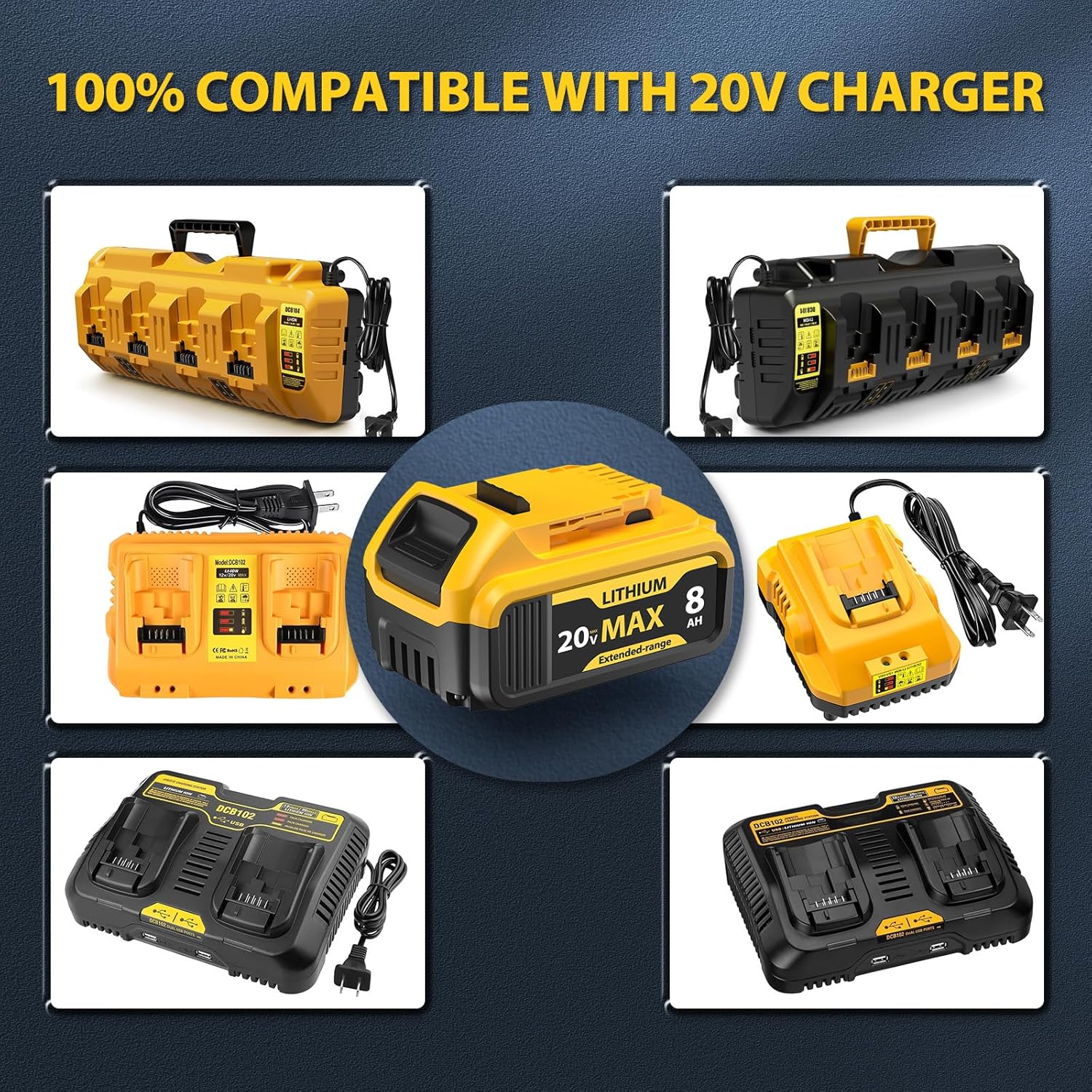 4-Pack 8000mAh Replacement for DeWalt 20V Max Battery- Compatible with DCB206 DCB200 DCB201 DCB207 DCB203 DCB205, Fits 20V Battery Lithium ion Tools & Original Chargers