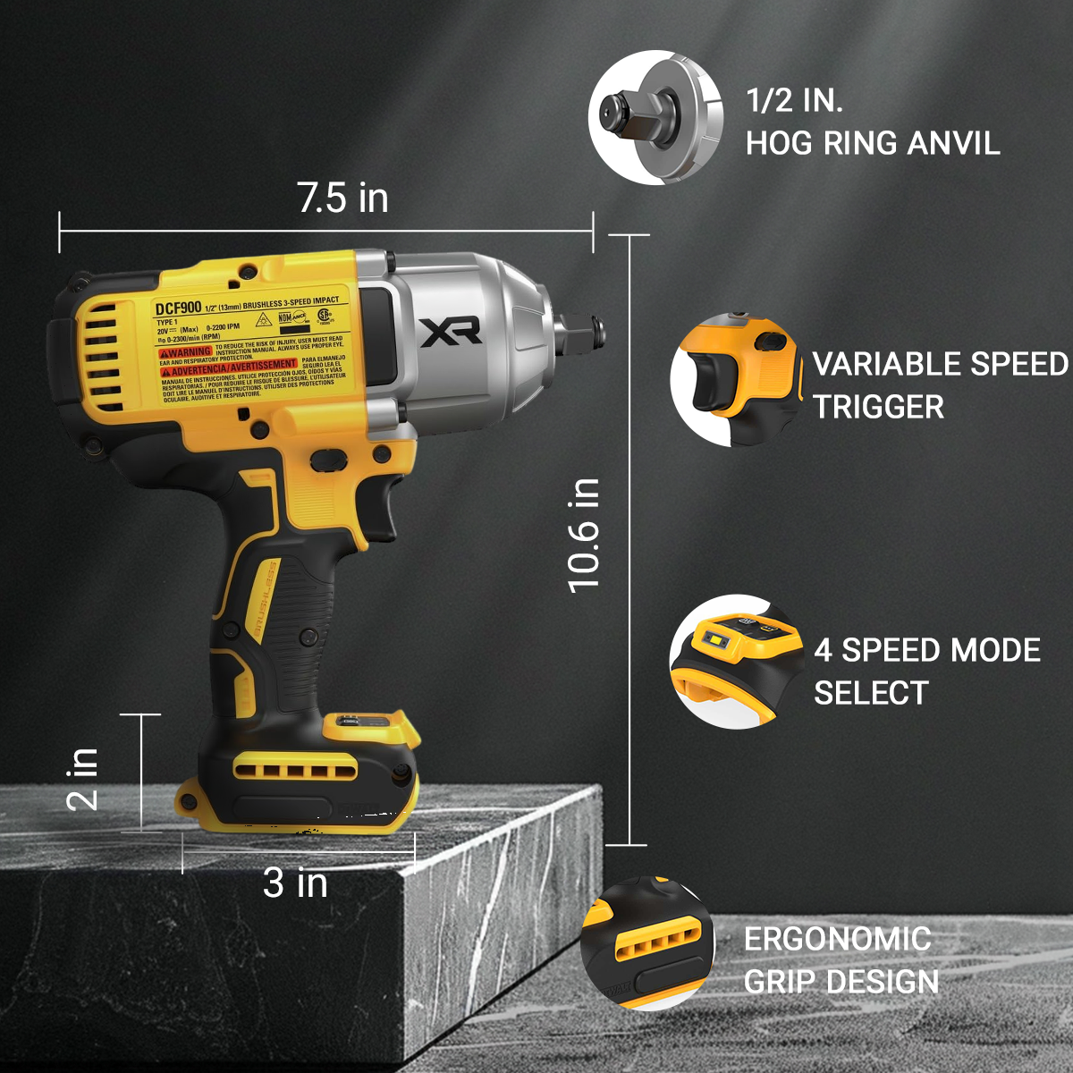DEWALT 20V MAX Cordless Impact Wrench, 12 Impact Gun, High Torque with Hog Ring Anvil, Tool Only (DCF900)
