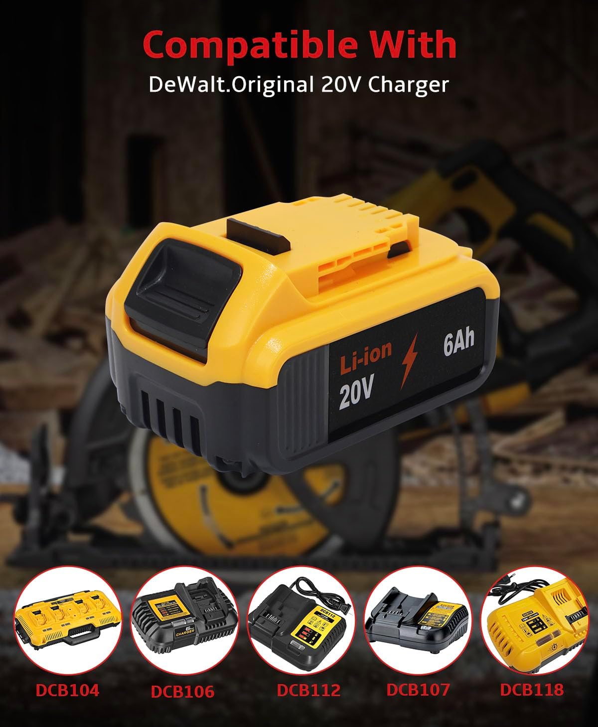 【2-Pack for DeWalt 20V 6Ah Lithium Battery】 Dual High-Capacity Rechargeable Batteries with LED Indicator, Compatible with DeWalt 20V MAX Tools & Chargers (DCB200/DCB204/DCB206 etc)