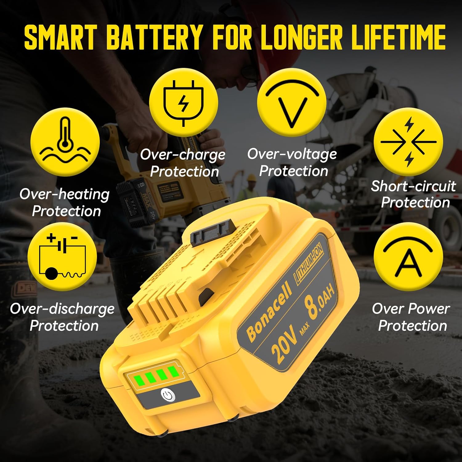Bonacell 4Packs 20V 8000mAh Replacement for Dewalt 20V Max Battery, Compatible with Dewalt 20 Volt Lithium Battery DCB200 DCB206 DCB207 DCB201 DCB204 Series Power Tools
