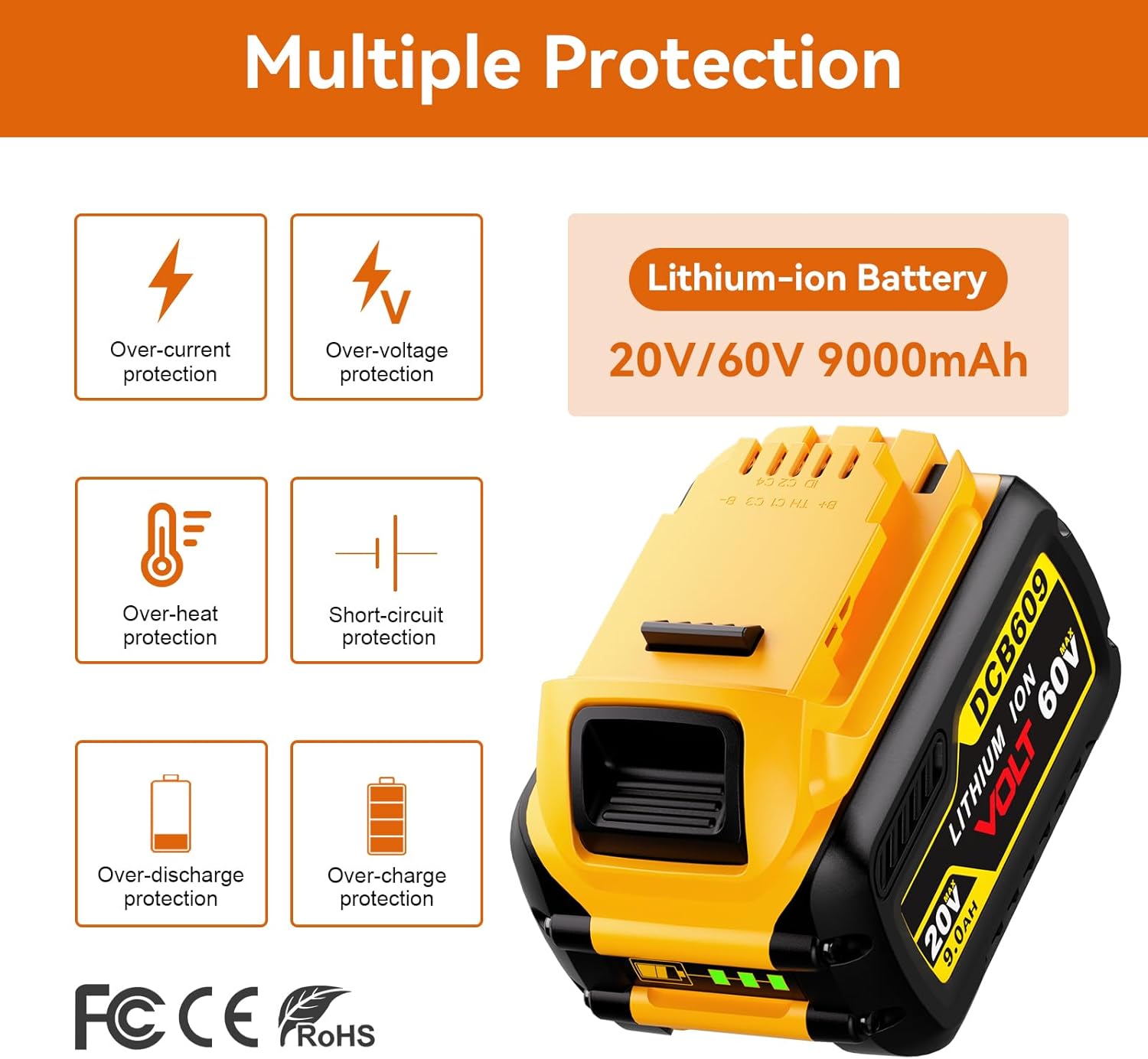 1-Pack 9000mAh 20V/60V MAX Lithium Battery for DeWalt, 60V DeWalt Battery Replacement for DCB606 DCB609 DCB612 Tools