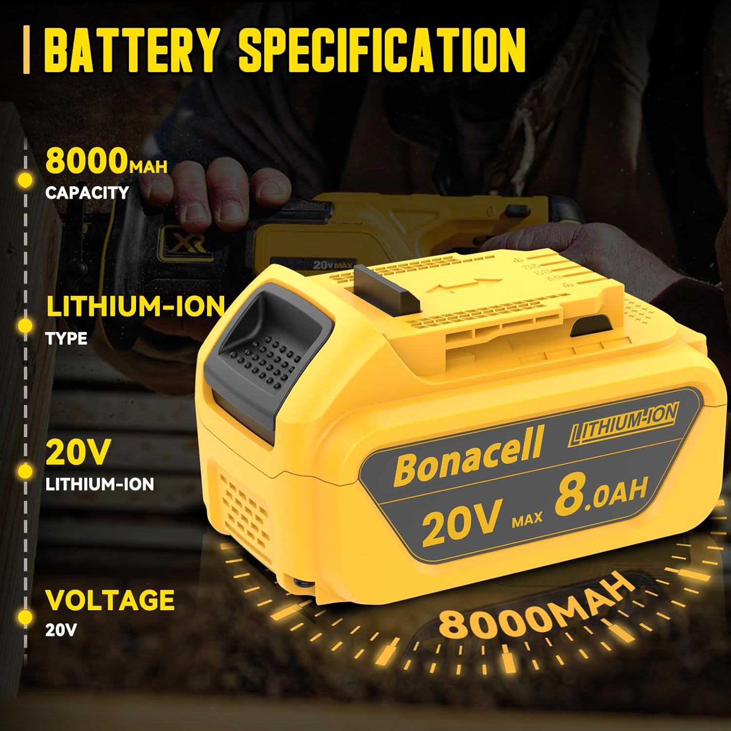 Bonacell 4Packs 20V 8000mAh Replacement for Dewalt 20V Max Battery, Compatible with Dewalt 20 Volt Lithium Battery DCB200 DCB206 DCB207 DCB201 DCB204 Series Power Tools