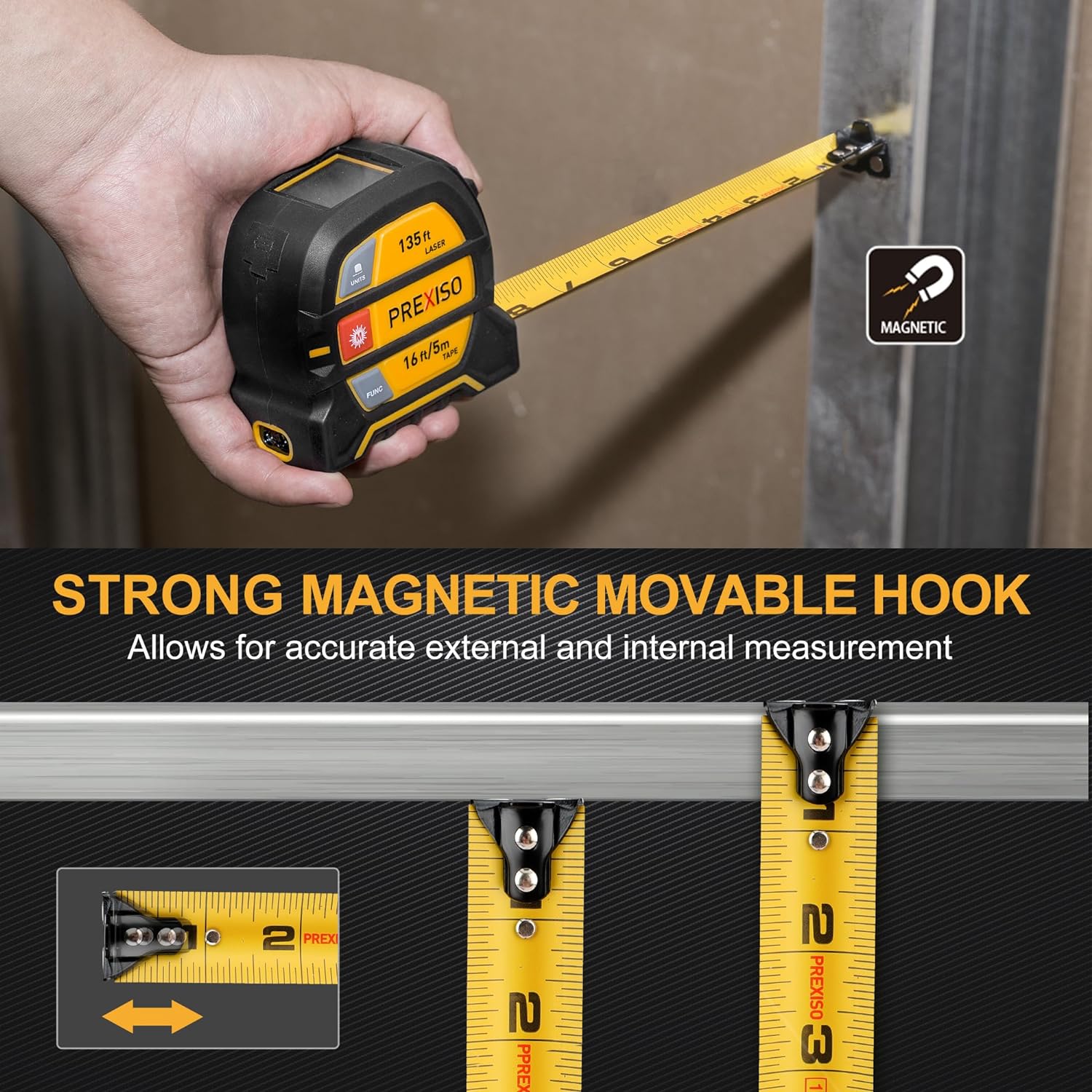 PREXISO 2-in-1 Laser Tape Measure, 135Ft Rechargeable Measurement Tool & 16Ft Measuring Movable Magnetic Hook - Pythagorean, Area, Volume, Ft/Ft+in/in/M Unit NOT Digital
